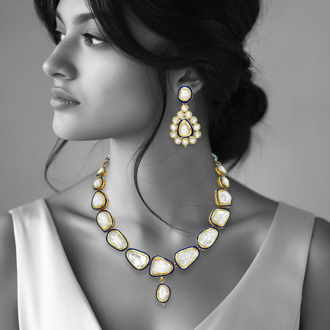 Polki Necklace Set with Blue Enamel and Matching Drop Earrings